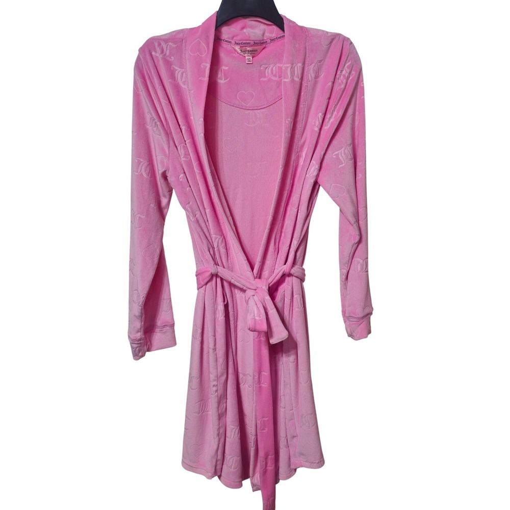 Juicy Couture Pink Velour Robe Heart Logo Print Tie Waist S/M NWOT